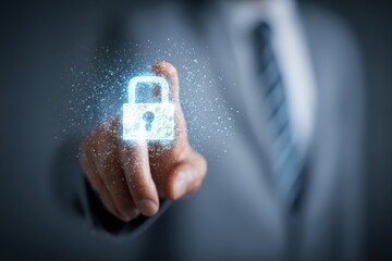 Businessperson demonstrating a digital security icon with hand gestures in a modern office setting during daytime