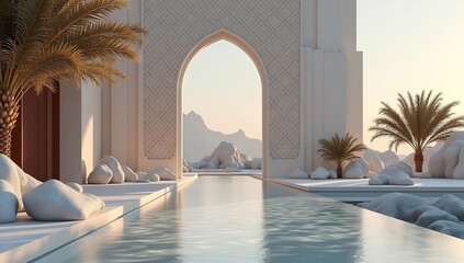 Fototapeta premium Luxurious modern 3d landscape with a tranquil reflecting pool and arched entrance, featuring palm trees and desert mountains.