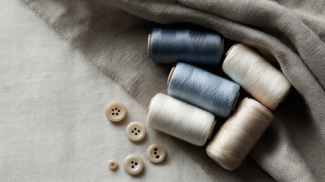Flat lay of sewing essentials: cotton spools, buttons, and fabric, textured and inviting arrangement