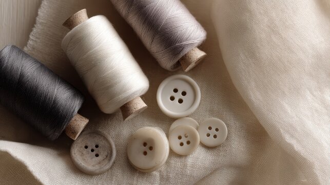 Flat lay of sewing essentials: cotton spools, buttons, and fabric, textured and inviting arrangement