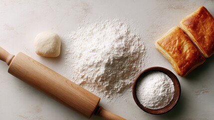 Top-down view of baking essentials: rolling pin, flour, dough scraps, and freshly baked pain au chocolat, cozy kitchen vibe