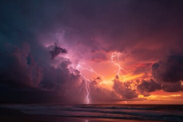 Vibrant pink and orange sunset gives way to dark storm clouds with striking lightning over the ocean at twilight