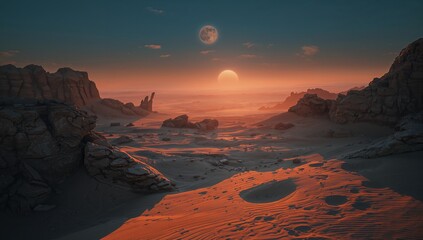Surreal Desert Landscape at Sunset with Two Celestial Bodies