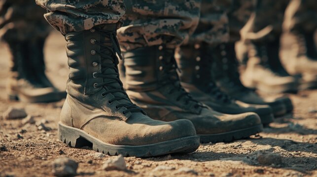 Military boots on the legs of soldiers in a row. Soldiers dressed in army camouflage in an army parade