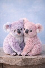 Two adorable, pastel-colored koala cubs cuddling on a wooden surface. Cute and fluffy.