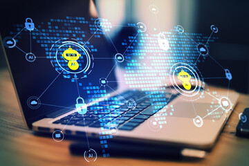 Artificial intelligence chatbot icons connected over a digital network interface on a laptop screen in a modern office workspace environment.