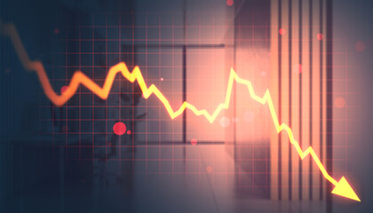 Glowing yellow downward arrow graph showing financial market crash on light corporate background with grid overlay and red highlights. 3D Rendering