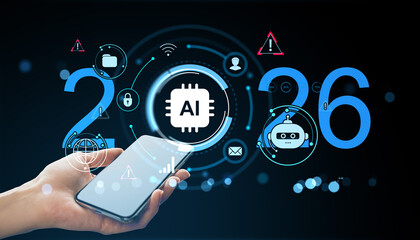 AI technology in smartphone applications concept for 2026 with digital assistant, chatbot, and neural network icons on futuristic background.