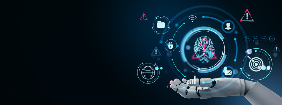 Robotic hand presenting futuristic holographic fingerprint interface with digital security icons on dark background for technology banner or poster. 3D Rendering - Powered by Adobe