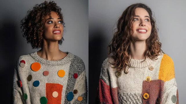 Two stylish young women with curly hair wear colorful, trendy sweaters adorned with geometric patterns, buttons, standing against neutral gray background. Both smile brightly, exuding confidence