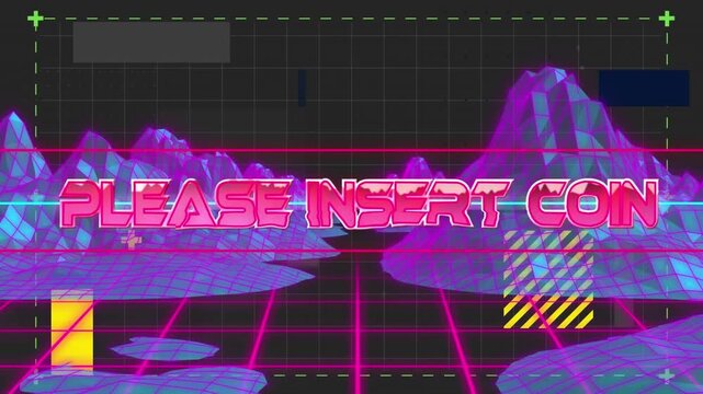 Glitchy animation of shapes with please insert coin on a green background.
