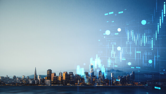 San Francisco skyline blended with digital financial data charts on light gradient background illustrating modern investment and market analysis concepts. - Powered by Adobe
