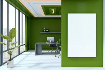 Fototapeta na wymiar Modern green office interior with vertical blank canvas on wall for poster or sign display in daylight workspace with city view and stylish furniture. 3D Rendering