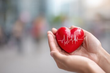 Holding a red heart with cardiogram symbol in hands representing health care and life insurance during a sunny day outdoors