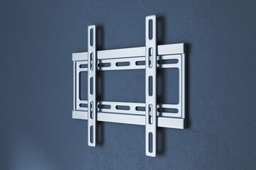 Modern metallic TV wall hanger mounted on dark blue wall in minimal empty setting with abstract lighting and sleek design background concept. 3D Rendering