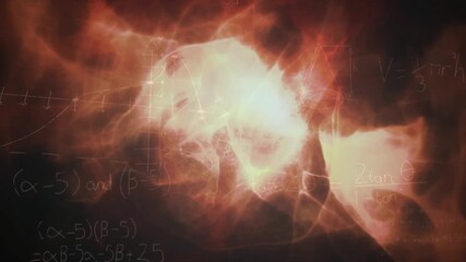 Animation of red digital wave over mathematical equations and diagrams against black background - Powered by Adobe