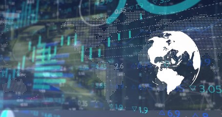 Animation of statistical data processing over spinning globe and world map against city traffic - Powered by Adobe