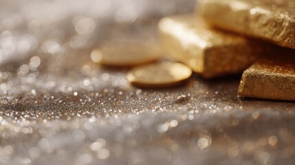 Luxury finance concept: gold market scene with gleaming bullion, coins, and rich textures, symbolizing wealth accumulation