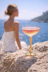 A coupe glass of sparkling ros&eacute; sits on a rock with a woman and sea backdrop.