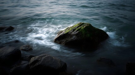 A large moss covered rock sits in the dark swirling waters of the sea during twilight with soft light creating deep shadows