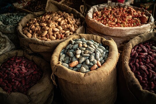 Gathering and sorting fresh shelling beans in Coba, Mexico, showcasing vibrant colors and textures in a local market setting