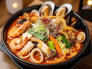 Spicy Korean Jjamppong Seafood Noodles with Fresh Vegetables and Rich Red Broth in Traditional Black Bowl