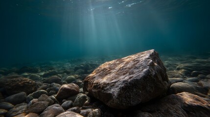 Sunlight streams through clear blue water illuminating rocks and pebbles on a serene underwater seabed