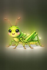 A charming, green grasshopper with a cute face and bright, inviting eyes.