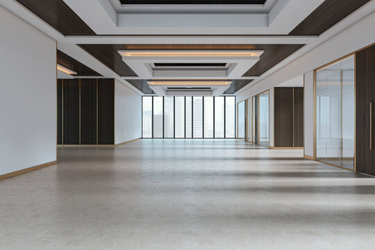 Modern empty corridor with glass partitions and ceiling lights in a spacious office interior with city view through large windows. 3D Rendering