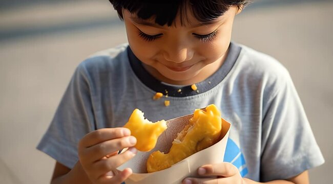 Boy eating cheese curds outdoors happily.