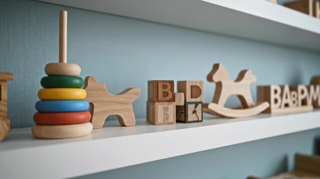 A slow panning shot across clean white floating shelves decorated only with simple wooden toys against a soft light blue wall background home design, soft focus, baby preparation