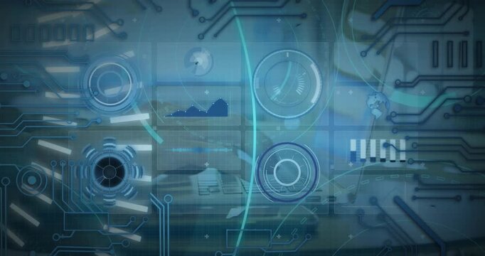 Animation of 5g text and infographic interface over cropped hands typing on keyboard of laptop