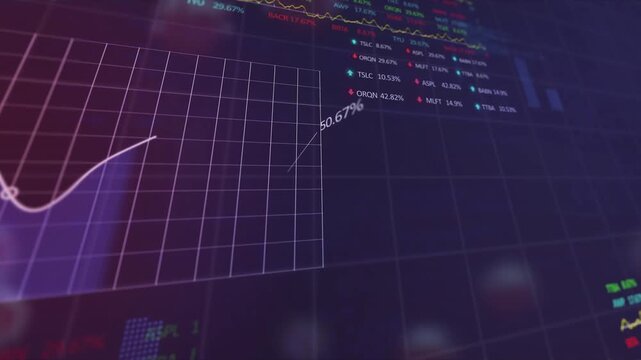 Animation of trading board, programming language, graphs over floating corona infected cells