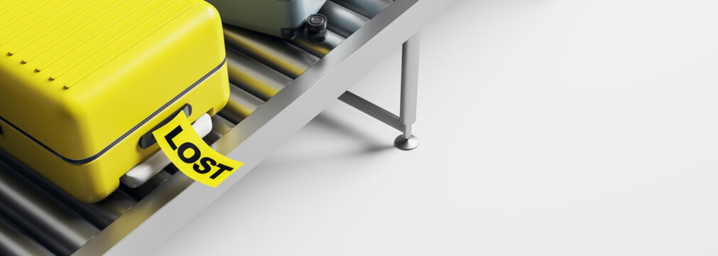 Bright yellow suitcase with a "LOST" tag on conveyor belt in airport baggage claim, symbolizing travel mishaps and lost luggage concept. 3D Rendering