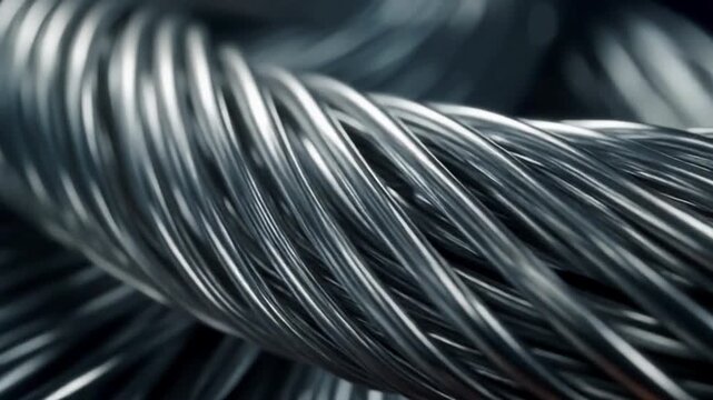 Ultra-close-up of an aluminum wire bundle twisting slowly with soft reflections and visible micro-scratches, cinematic 4K.