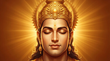 Peaceful golden face of lord surya meditating with bright aura for surya puja and surya shashti or ratha saptami and bhanu saptami worship posters