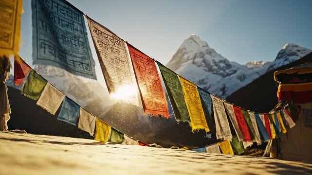 Tibetan Prayer Flags Flowing in Wind with Snow Mountain Background, Majestic Himalayas
