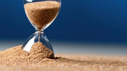 Hourglass filled with sand in motion on a flat surface against a blue background showing the passage of time