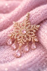 Elegant gold snowflake pendant with pink stones on a soft pink knitted fabric.