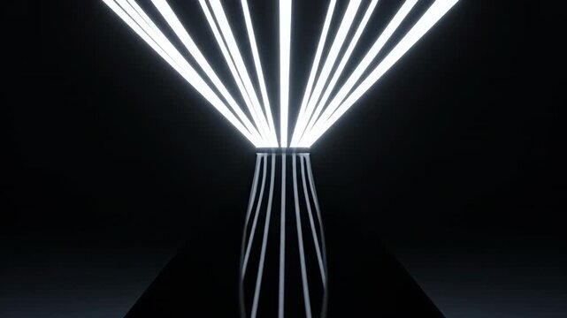 Abstract 3D render of a perfectly smooth, dark black geometric cone structure radiating perfectly parallel white light beams upwards into a minimalist dark void signal, light source, clean design