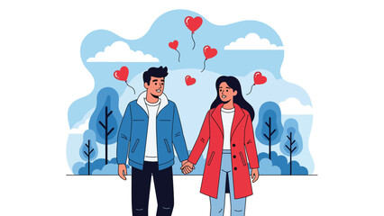 Romantic couple walking hand in hand through a city park on Valentine’s Day, flat vector illustration with solid colors, clean outlines, love, relationship, and seasonal celebration concept