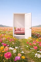 Open doorway between a vibrant flower field and an indoor living area.
