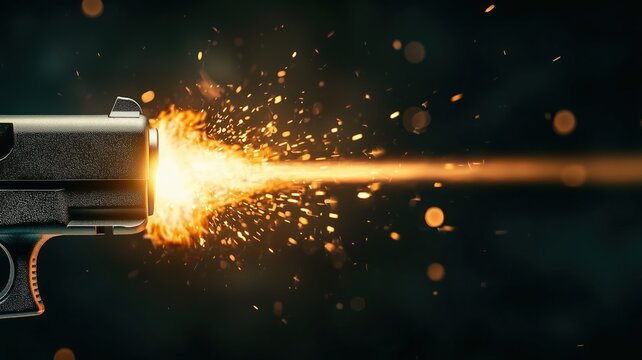 close-up of firearm firing with sparks