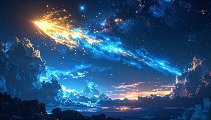 Fototapeta premium 青と金の光が夜空を裂く幻想的な隕石のイメージ