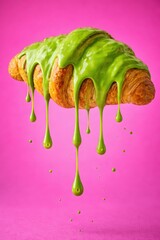 Eye-catching croissant dessert drizzled with vibrant green glaze, pink background.