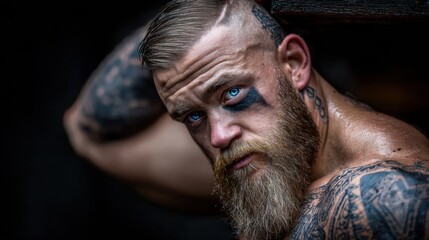 Strong man with tattoos and blue eyes poses against a dark background while grooming beard during a photo session