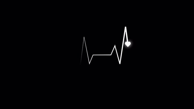 White cardiograph recording with heartbeat flatline and heart indicator, clean medical waveform on transparent background, ideal for healthcare overlays, diagnostics, and monitoring visuals in 4K alph
