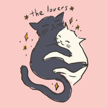 Two adorable cats boy and girl black and white on pink background hugging and showing affection and love. Cartoon animals cat illustration art, Valentine Day postcard mystical cute tarot motif, EPS
