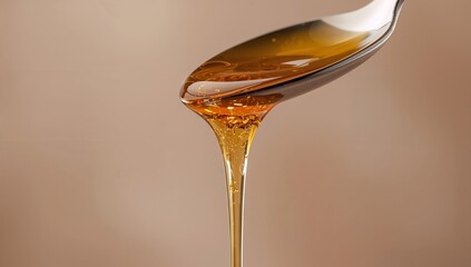 Close-Up of Golden Honey Dripping from a Spoon on Soft Background