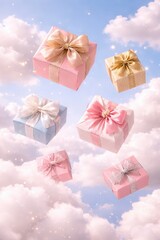 Floating gifts descend from the sky with their pretty bows for a big celebration.